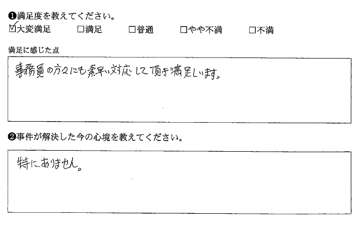 事務員の方々の対応が素早く満足しています