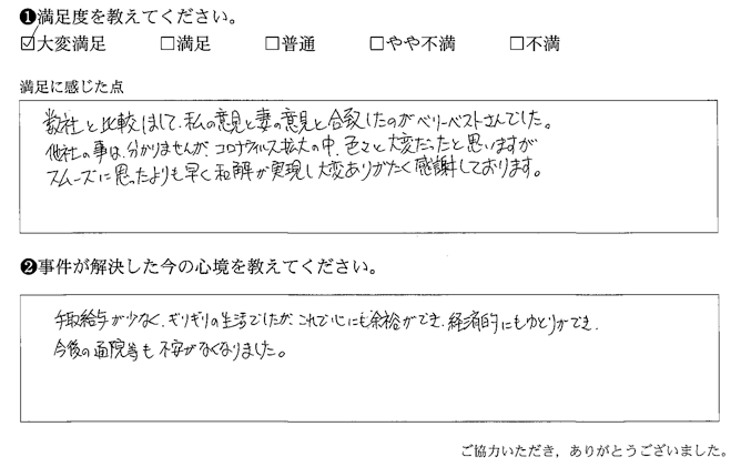 スムーズに思ったよりも早く和解が実現し大変ありがたく感謝しております